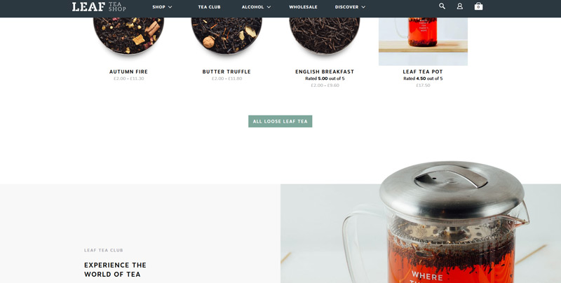Capture d'écran du site Leaf Tea Shop.