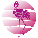 logo d'un flamant rose debout devant le soleil